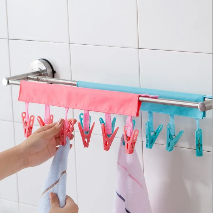 Travel Essentials Bathroom Racks Cloth Hanger Clothespin Travel Portable Folding Cloth Socks Drying Hanger with 6 Clips for Bathroom