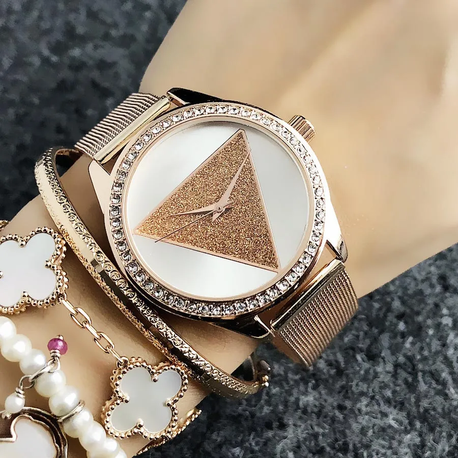Брендовые кварцевые наручные часы для женщин и девочек, треугольный кристалл, циферблат, металлический стальной ремешок, часы GS 22