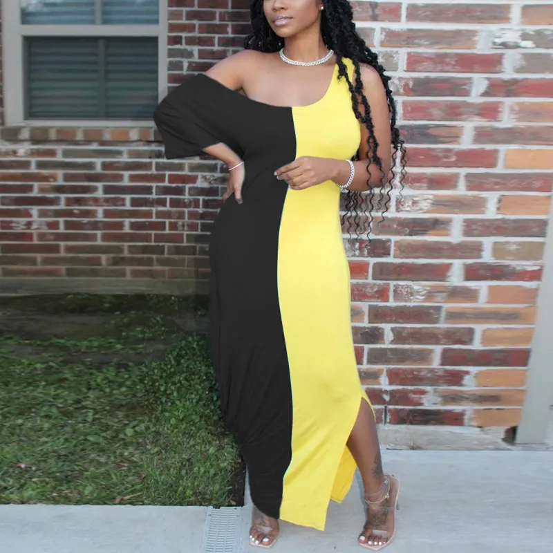 Women's Casual Plus Size Color Block Maxi Dress with Sleeveless and Asymmetrical High Slit