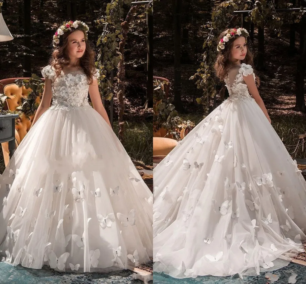 2021 Butterflies Little Princess Formal Occasion Pageant First Communion Ball Gowns Jewel Neck Beaded Cap Sleeve Flower Girl Dresses AL4812