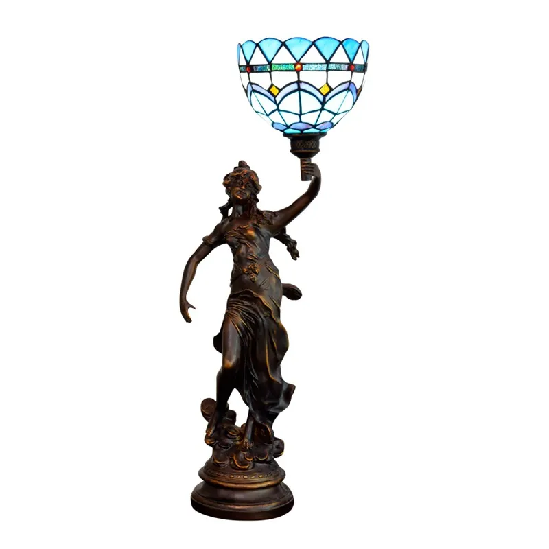 Tabela base azul Tiffany Beleza Lamp Sala Quarto Bar Desk Lamp vitral Tabela Lâmpadas TF085