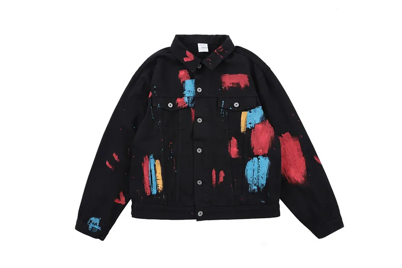 Original Design Paint Printed Design Graffiti Men Black Denim Jacket Hiphop Streetwear Men Casual Denim Jeans Jacket