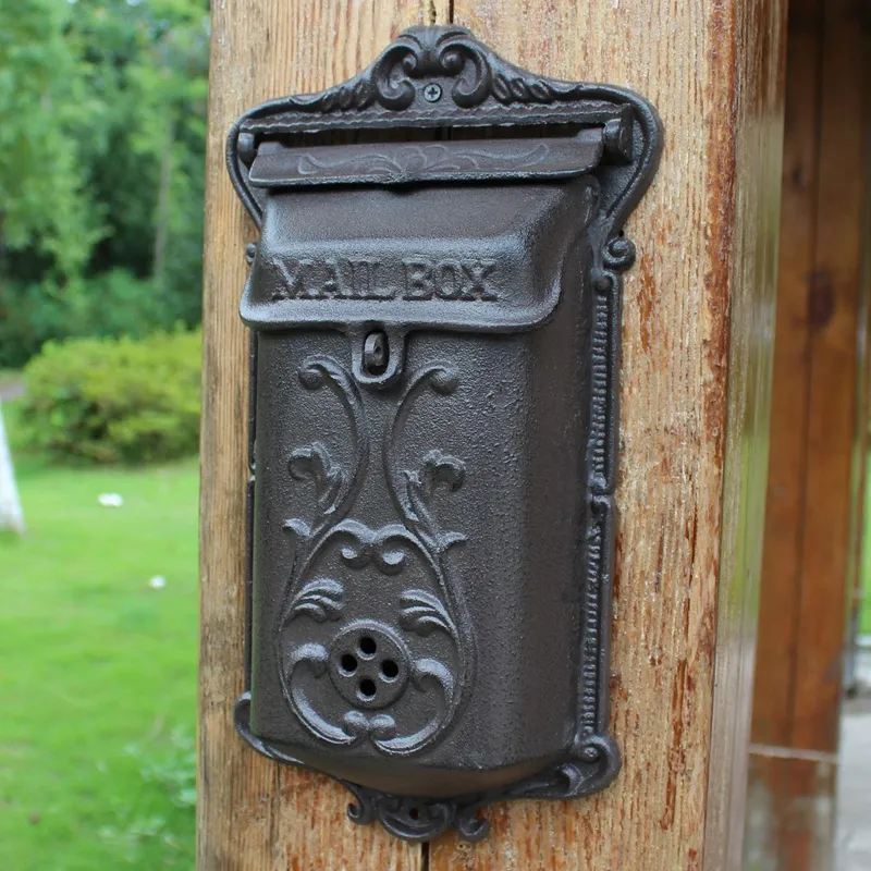 Small Cast Iron Mailbox Wall Mounted Garden Decorations Metal Mail Letter Post Box Postbox Rustic Brown Home Cottage Patio Decor Vintage Antique