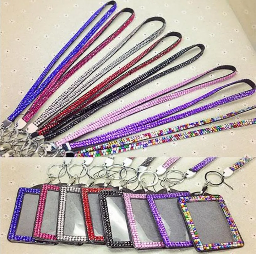 Rhinestone Bling Lanyard com Titular do emblema Vertical PU ID e chaveiro Moda Strap Telefone