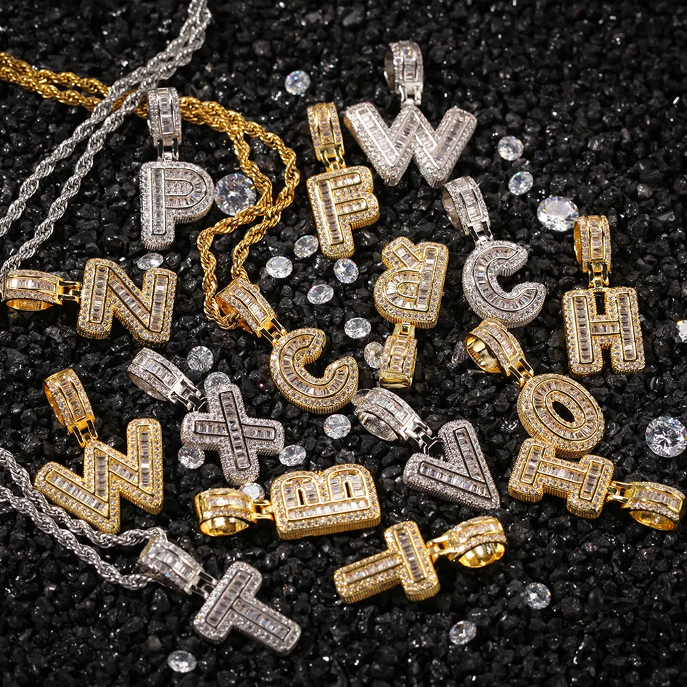 A-Z Baguette Initials Letters Pendant for Men n Women Micro Pave Cubic Zircon DIY Hip Hop Necklace With Rope Chain