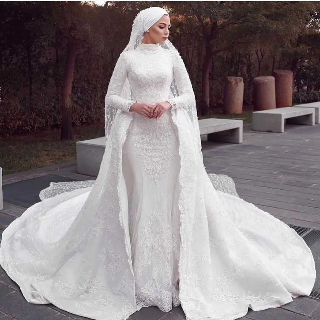 Mütevazı Müslüman Mermaid Gelinlik Ayrılabilir Tren Ile Dantel Aplikler Overskirt Gelinlikler Hijab Mahkemesi Tren Vintage Robes de Mariée