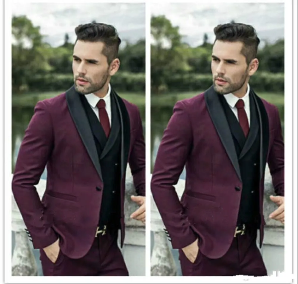 Wine Red Shawl Lapel Wedding Tuxedos Dress Men's Prom Suits 3 Pieces main image 0