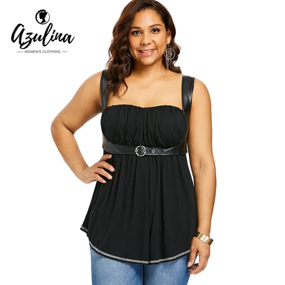 Curvy Square Neck Empire Waist Tank Top PU Leather Strap Gothic Women s Top