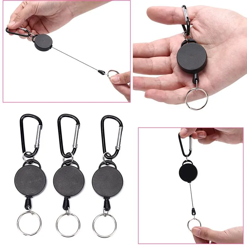 Black Wire Rope Keychain 65cm Badge Reel Retractable Recoil Anti Lost Ski Pass ID Korthållare Utomhus Key Ring Nyring Tillbehör