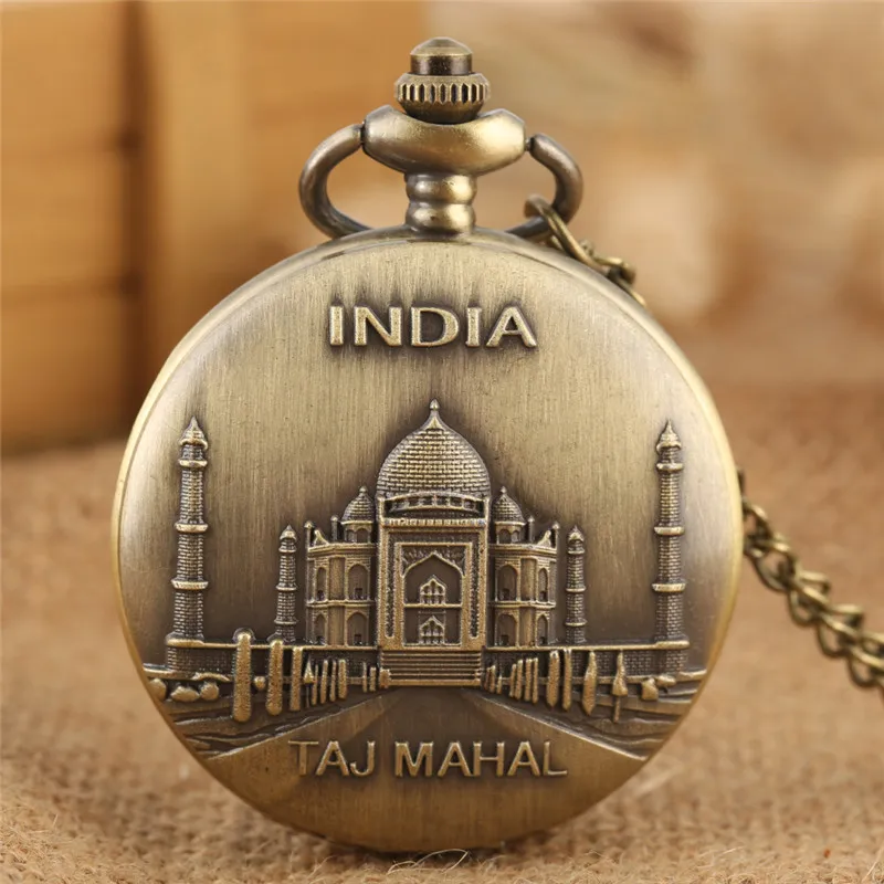 Retro starożytny budynek indie Taj Mahal zegarek kieszonkowy mężczyźni kobiety analogowe zegarki kwarcowe pamiątkowy naszyjnik łańcuch zegar prezenty