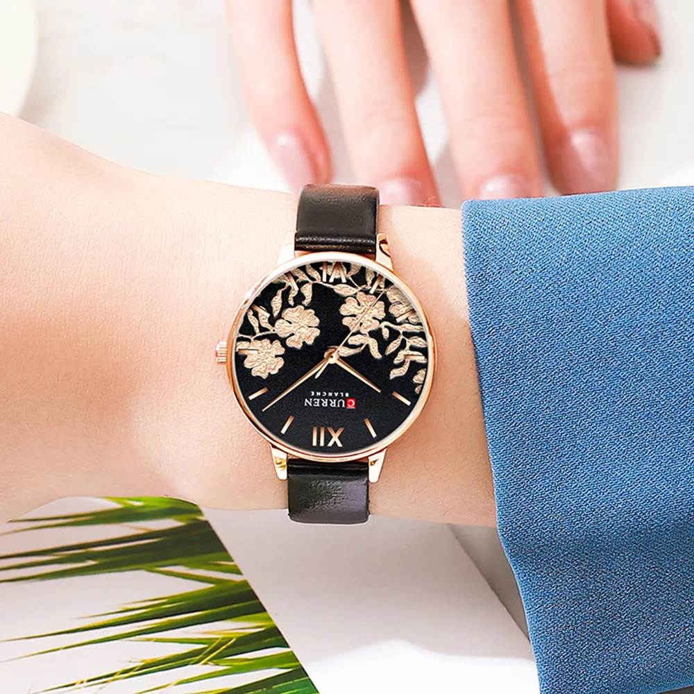 CURREN Leather Women Watches 2019 Beautiful Unique Design Dial Quartz Wristwatch Clock Female Fashion Dress Watch Montre femme