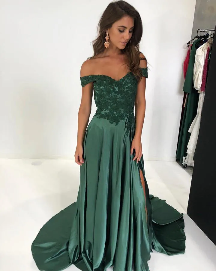 2019 robes de soirée de mode simples col en v haut côté fendu a-ligne a-ligne longues robes de soirée appliques dentelle robe formelle robe de soirée