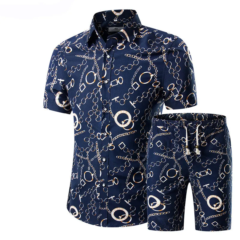 2019 Sommar Fashion Blommor Skriv ut T-shirts Män + Shorts Set Men Kortärmad T-shirts Casual Men Kläder Satser TrackSuit Plus Storlek 5XL