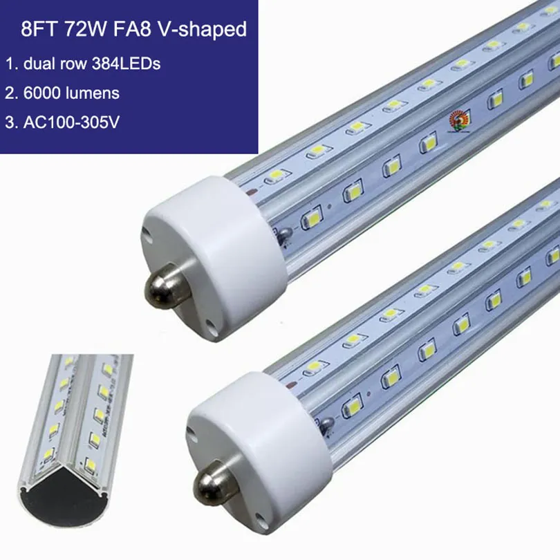 Tubo LED T8 8FT 72w Lampade FA8 a pin singolo 6000K Lampadina fluorescente bianca fredda Sostituzione copertura trasparente Alimentazione a doppio attacco