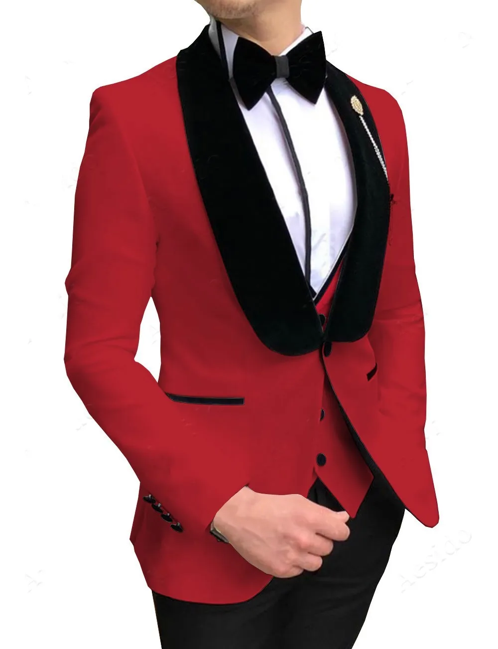 Fashion Red Groom Tuxedos Black Velvet Lapel Men Wedding Tuxedos Men Jacket Blazer Excellent 3 Piece Suit(Jacket+Pants+Tie+Vest) 827