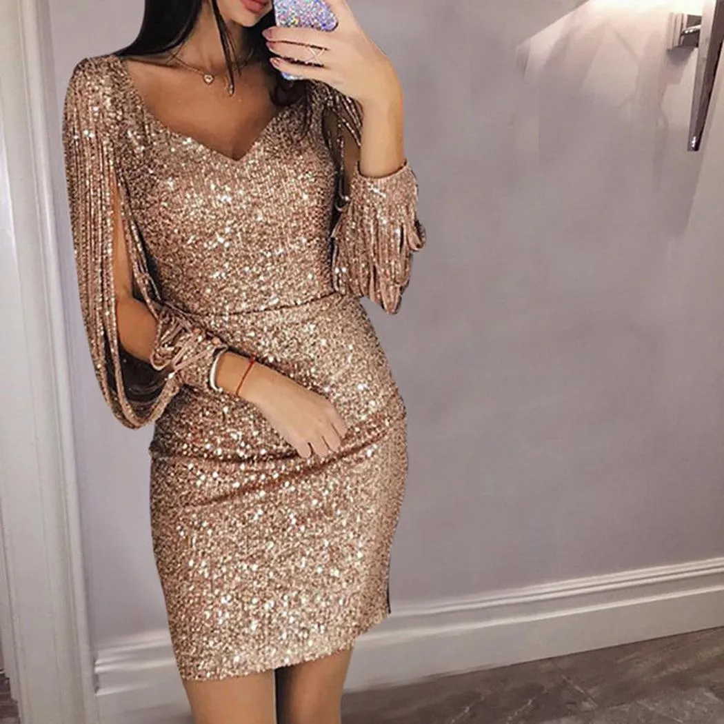 2019 robes de femmes élégantes paillettes V cou à manches longues Tassel Slim Slim Crayon robe robe Homecoming robes