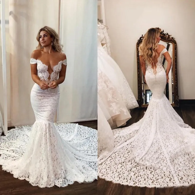 Sexy Meerjungfrau-Hochzeitskleider, volle Spitze, schulterfrei, Strand-Hochzeitskleid, Kapellen-Schleppe, Boho-Brautkleid in Übergröße