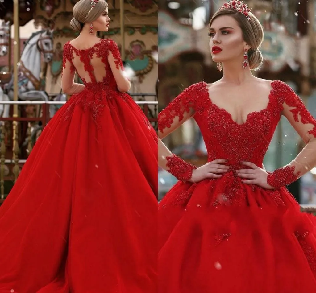 새로운 럭셔리 어두운 붉은 Quinceanera 드레스 공 가운 v 목 레이스 아플리케가 페르시 푹신한 달콤한 16 긴 소매 댄스 파티 저녁 공식 착용 vestidos