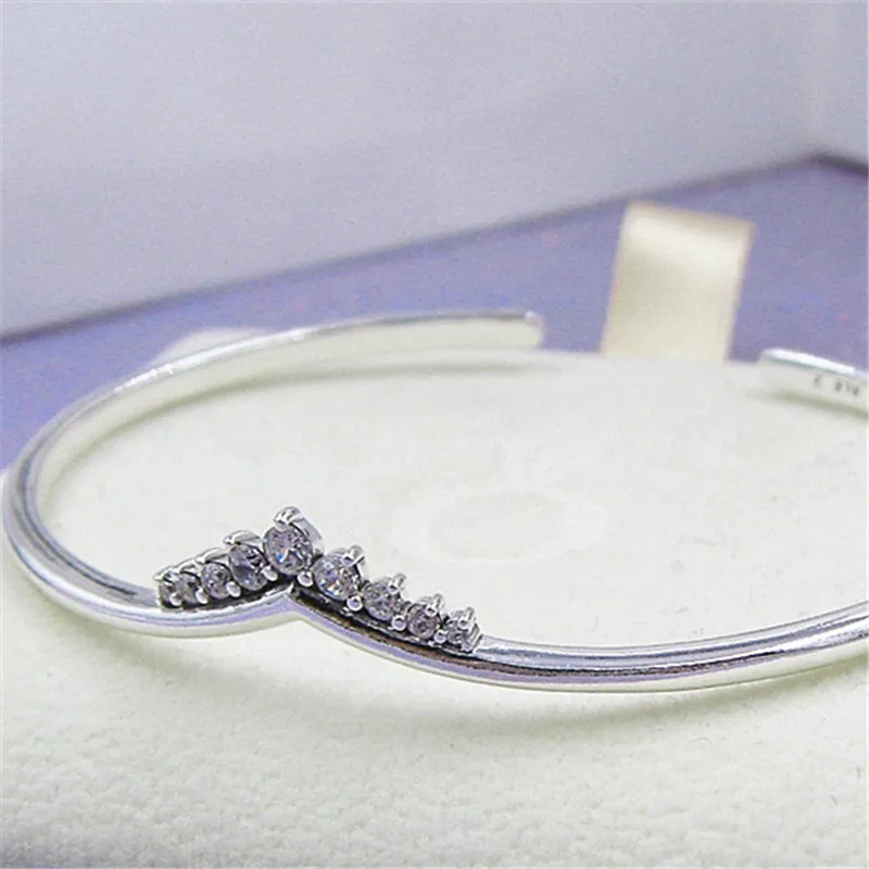 925 Sterling Silver Tiara Wishbone CZ Open Bangle Fits For