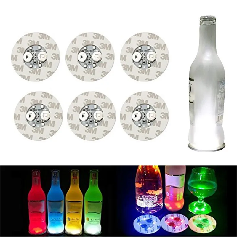 6cm Glow Coasters Light 4 LED NOVITÀ LIGHTING LIGHTING Adesivi 3M Lampada per bottiglia Lampeggiante Lampeggiante Luci a LED per Natale Nightclub Bar Party Vase Decorazione