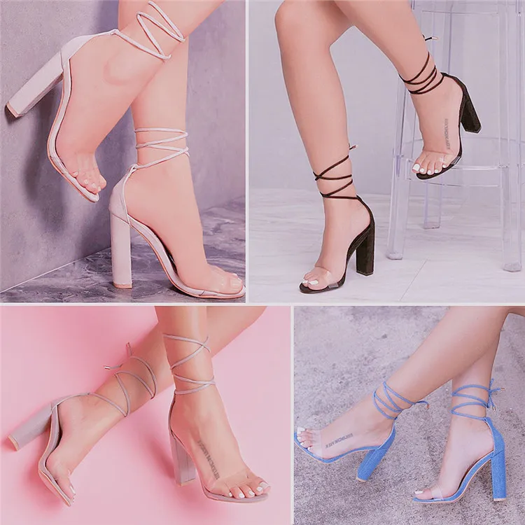 Moda dantel-up yüksek topuklu şeffaf dantel-up kadınlar için yüksek topuk sandalet toka rahat sandalet Dropshipping ve toptan