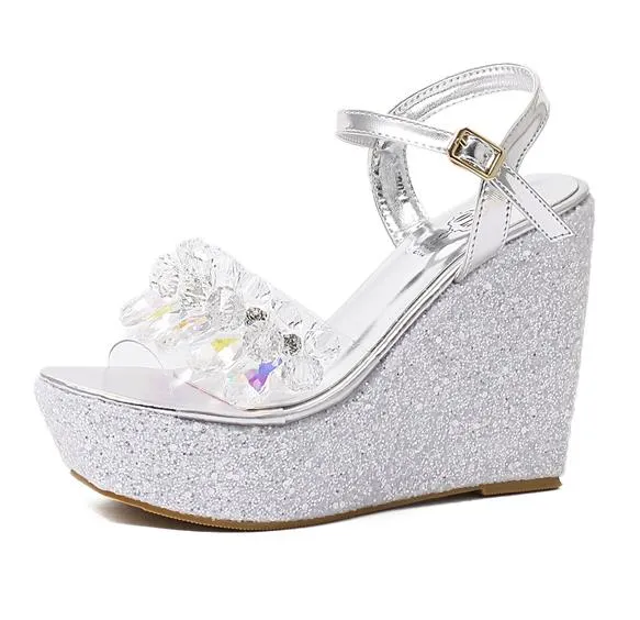 Glitter Crystal Skor Bröllop Bröllop Skor Platform Wedge Sandaler Silver Gold Rosa Vit Storlek 34 till 40