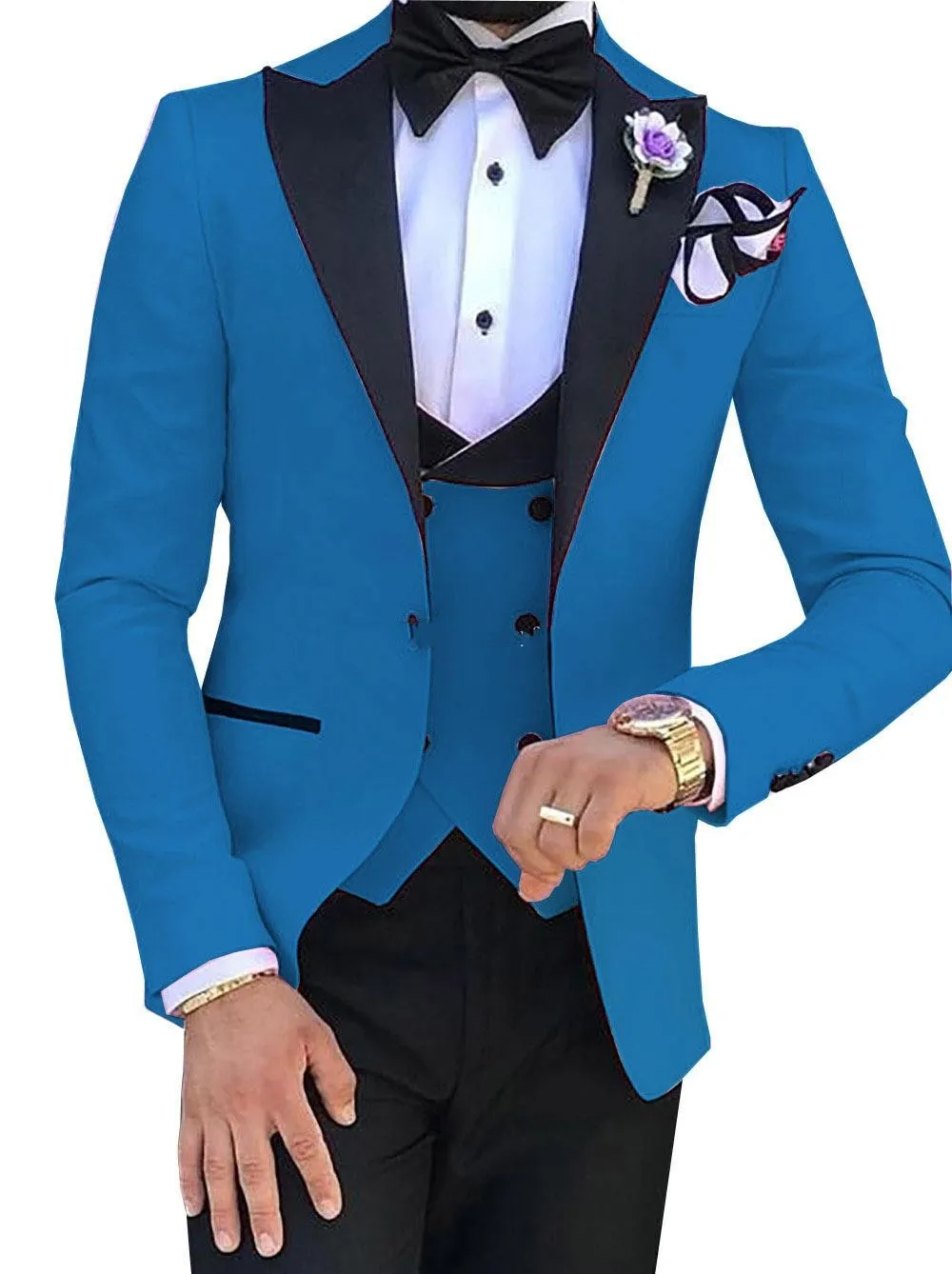 Slim Fit Blue Groom Tuxedos Black Peak Lapel Groomsman Bröllop 3 Piece Suit Fashion Men Business Prom Jacka Blazer (Jacka + Byxor + Tie + Vest) 8