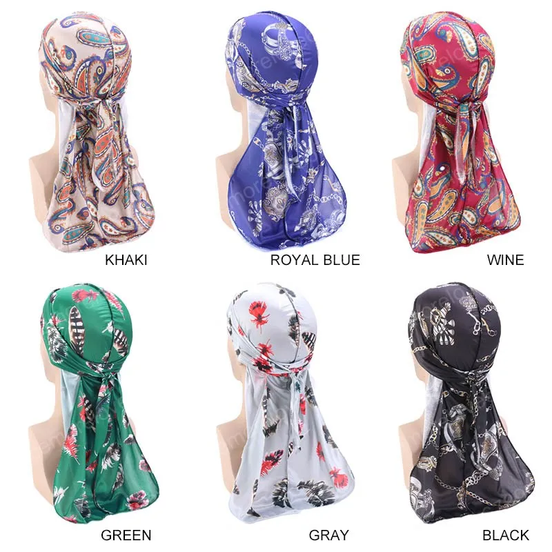 Custom print silky satin durag Match Silk Bonnet for Women silky Bandanas for Men Long Tail Durags Wave Cap Sleep Cap