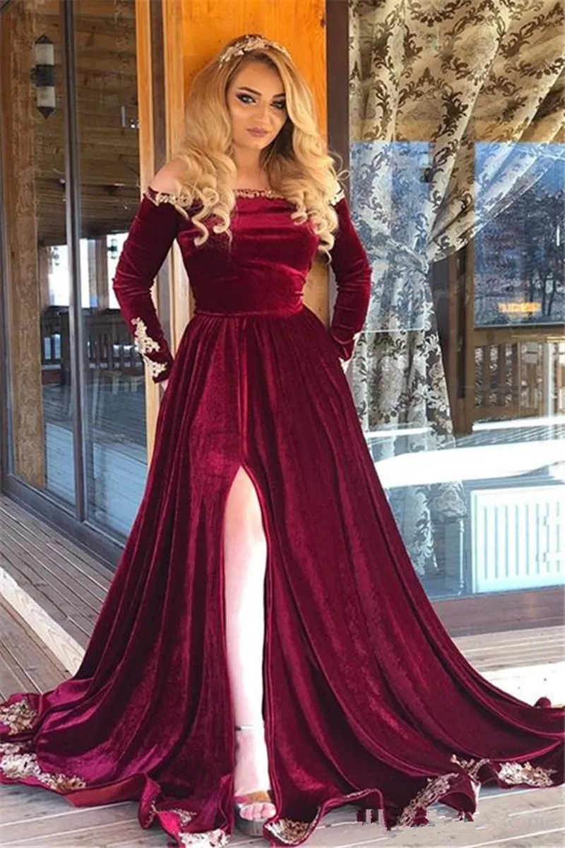 NEW Velvet Long Sleeves Evening Dresses With Off The Shoulder Beads Side Front African Prom Dress With Lace Appliques Women Party Gowns