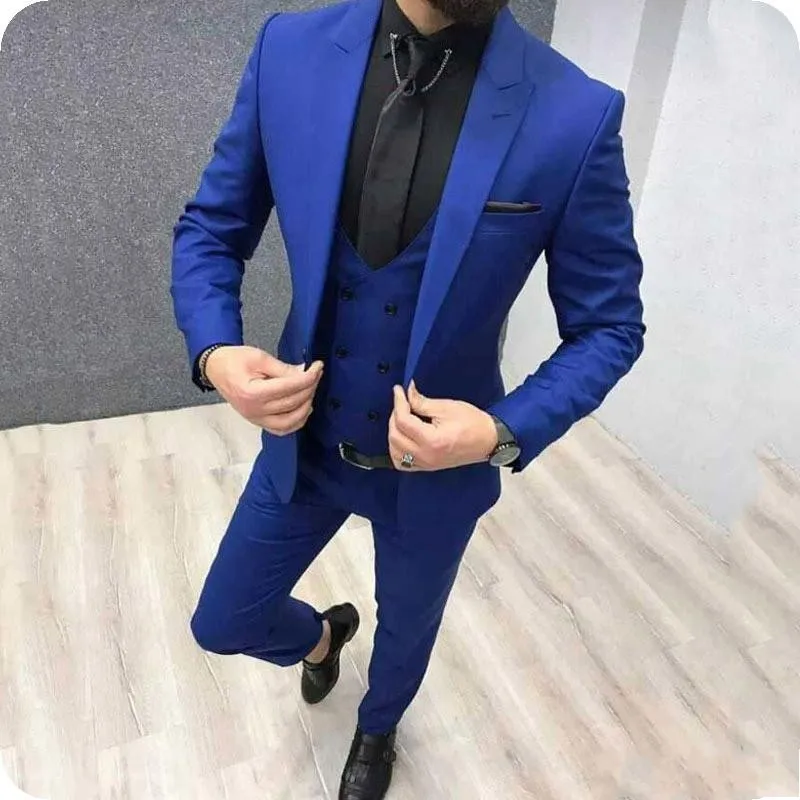 Royal Blue 3 Stuk pak Mannen Bruiloft Smokkelen Piek Revers Bruidegom GroomsMen Suits Heren Business Party Prom Blazer (Jas + Broek + Tie + Vest) 2284