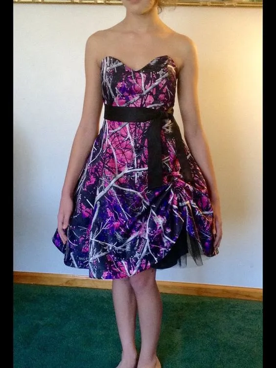 Muddy Girl Camo Prom Dresses Short Formal Gown Sweatneckline Satin Wedding Bridal Dresses223S