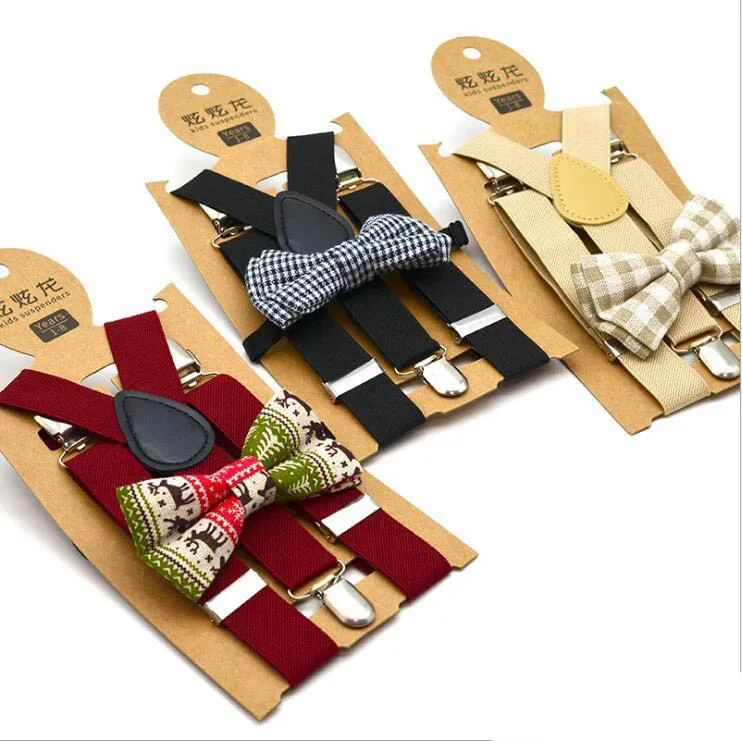 Kids Suspenders Bow Tie Set Boys Plaid Printed Braces Grid Elastic Y-Suspenders with Bow Tie Fashion Belt Baby Retro Strap Clip Y-back
