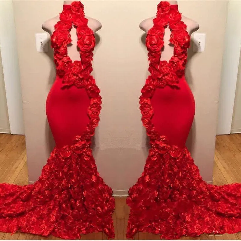 2019 Red Mermaid Prom Dresses High Neck Keyhole Flowers Ruffles Rose Evening Gowns Plus Size Party Dress Cooktail Pageant Gown
