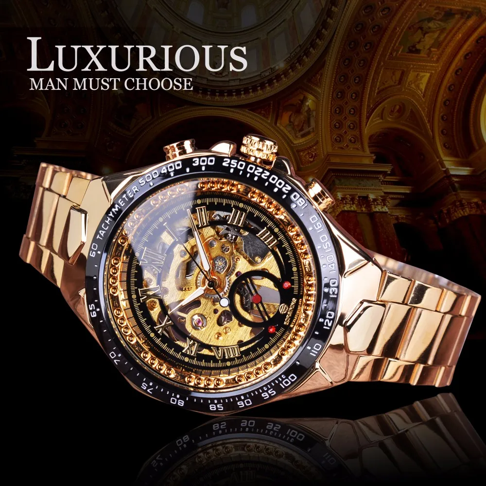 Forsining Serie Clásica de acero inoxidable movimiento dorado transparente Steampunk hombres relojes mecánicos esqueleto marca superior Luxury237u