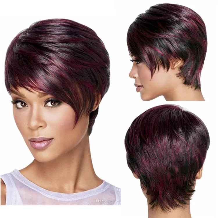 Black Mix Bourgondië Korte Shuowen Synthetisch Haar Pruiken Simulatie Menselijke haren Pruiken Perruques de Cheveux Humains Pelucas SW-WIG-70