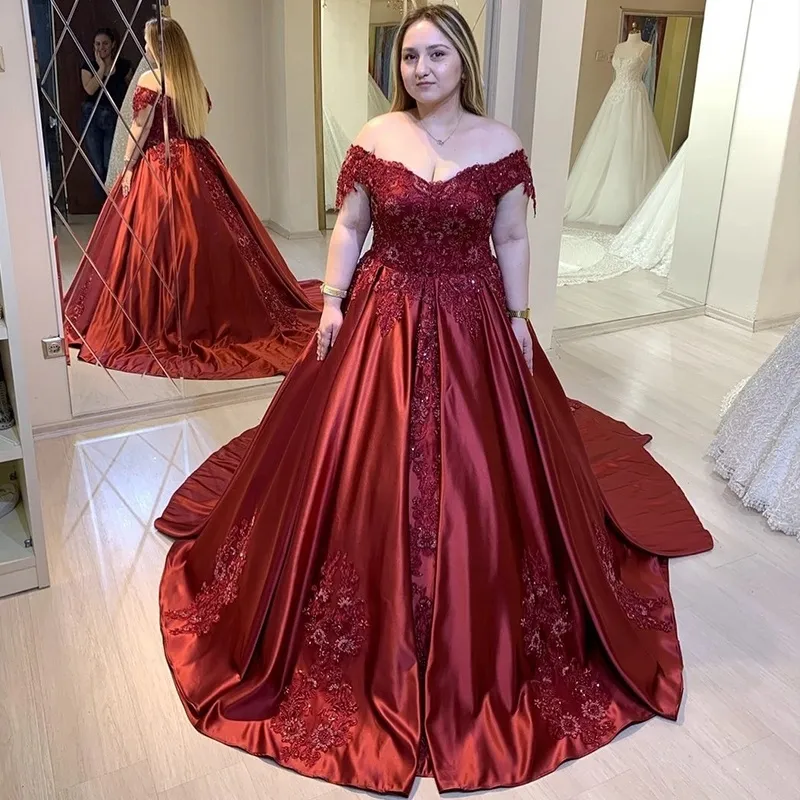 Plus Size Burgundy Prom Evening Dresses Off Shoulder 2020 Floral Flowers Applique Satin Evening Gowns Long Vestido Celebrity Dresses