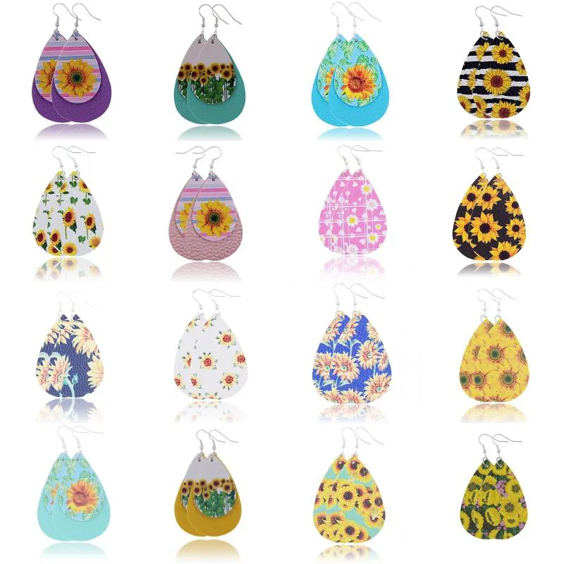 High Quality Sunflower Printed Faux Leather Teardrop Earrings Colorful Layered Flower Pattern Water Drop Earrings Creative Gifts