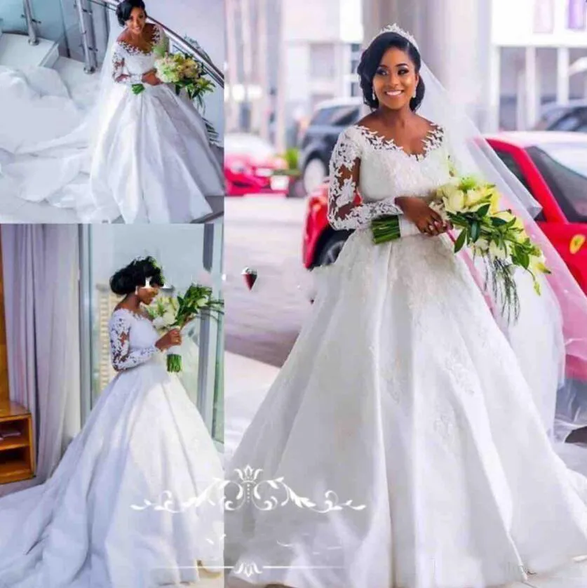 African Plus Size Bröllopsklänningar Scoop Lace Appliques Satin Långt tåg Bröllopsklänning Formell Wear Country Bridal Dress
