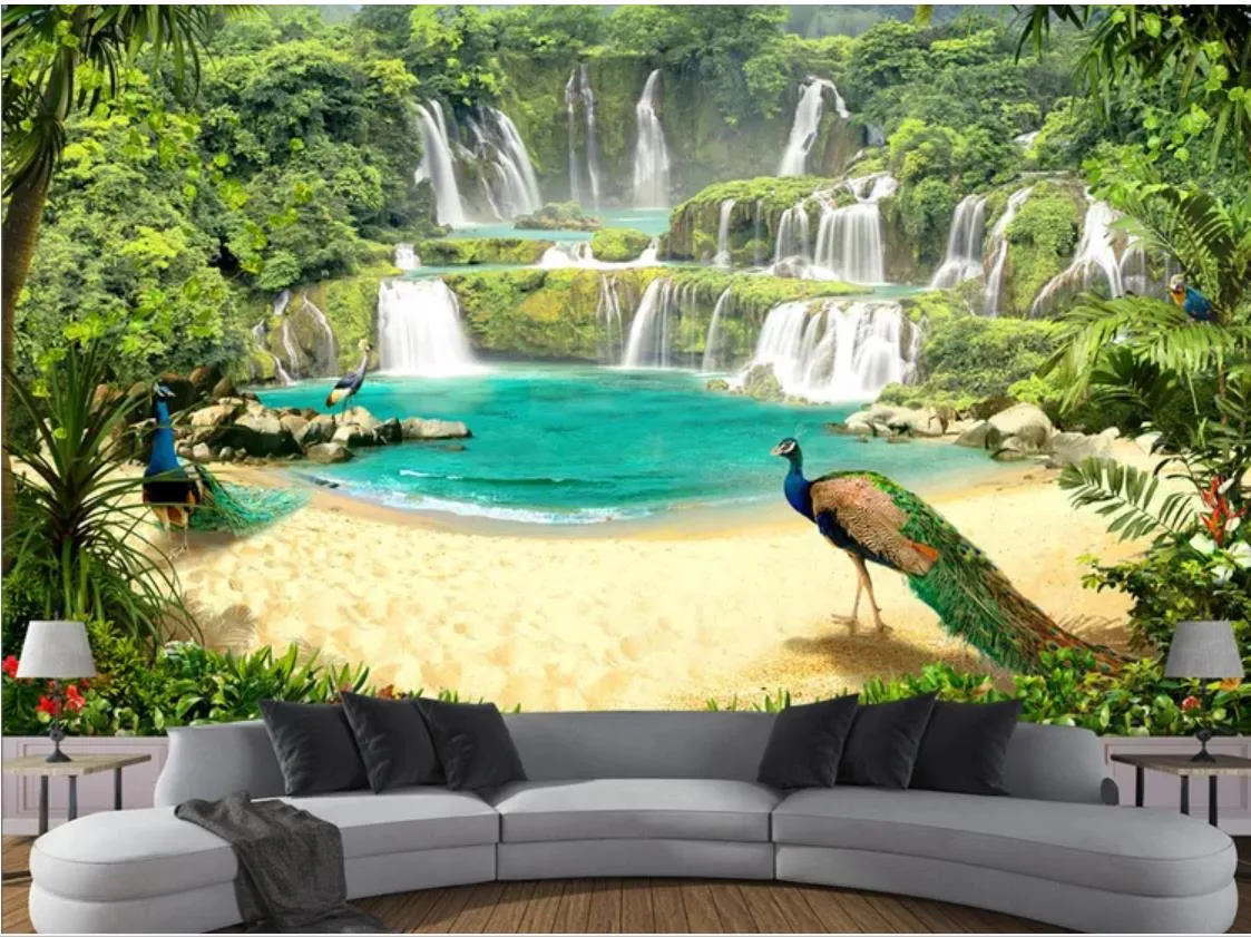 Waterval Lake Landschap 3D Achtergrond Muur 3D Wallpaper Custom Mural Peacock