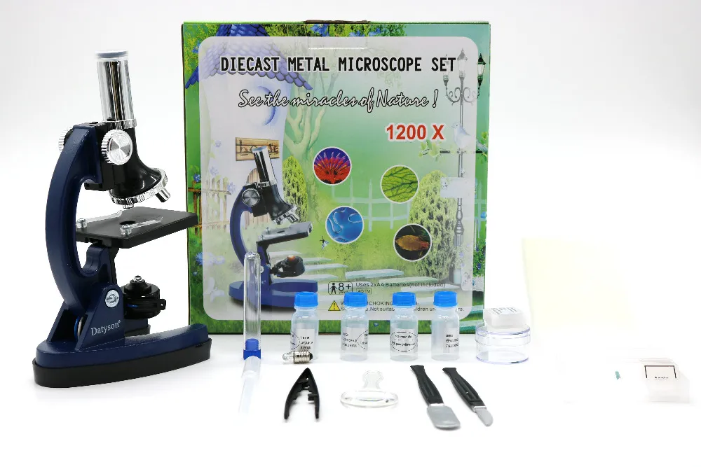 Microscopio para niños 100X-600X-1200X aumentos, brazo y base de metal,  iluminación LED y espejo, con caja de almacenamiento, kit de microscopio  para