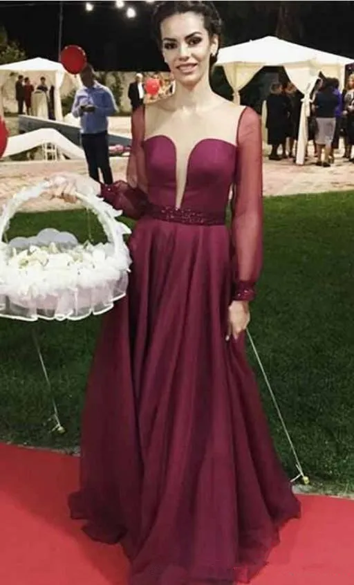 Dark Red Unique Neck Evening Gowns Long Prom Formal Dresses With Sleeves Sequins Beaded Floor Length Evening Wear Party Dress 97