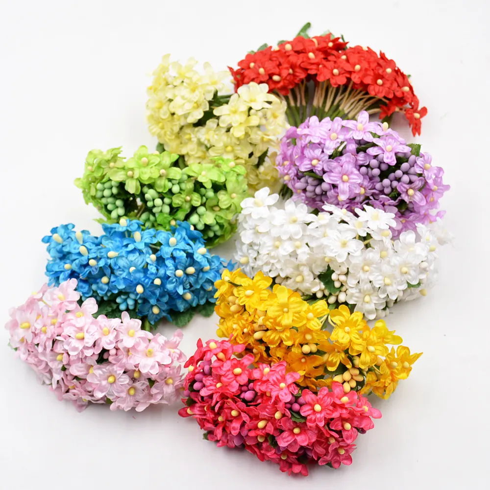 12st/parti Silk Mini Pearl Daisy Artificial Flowers Bouquet For Wedding Home Decorative DIY Craft Fake Flower Scrapbooking Wreath