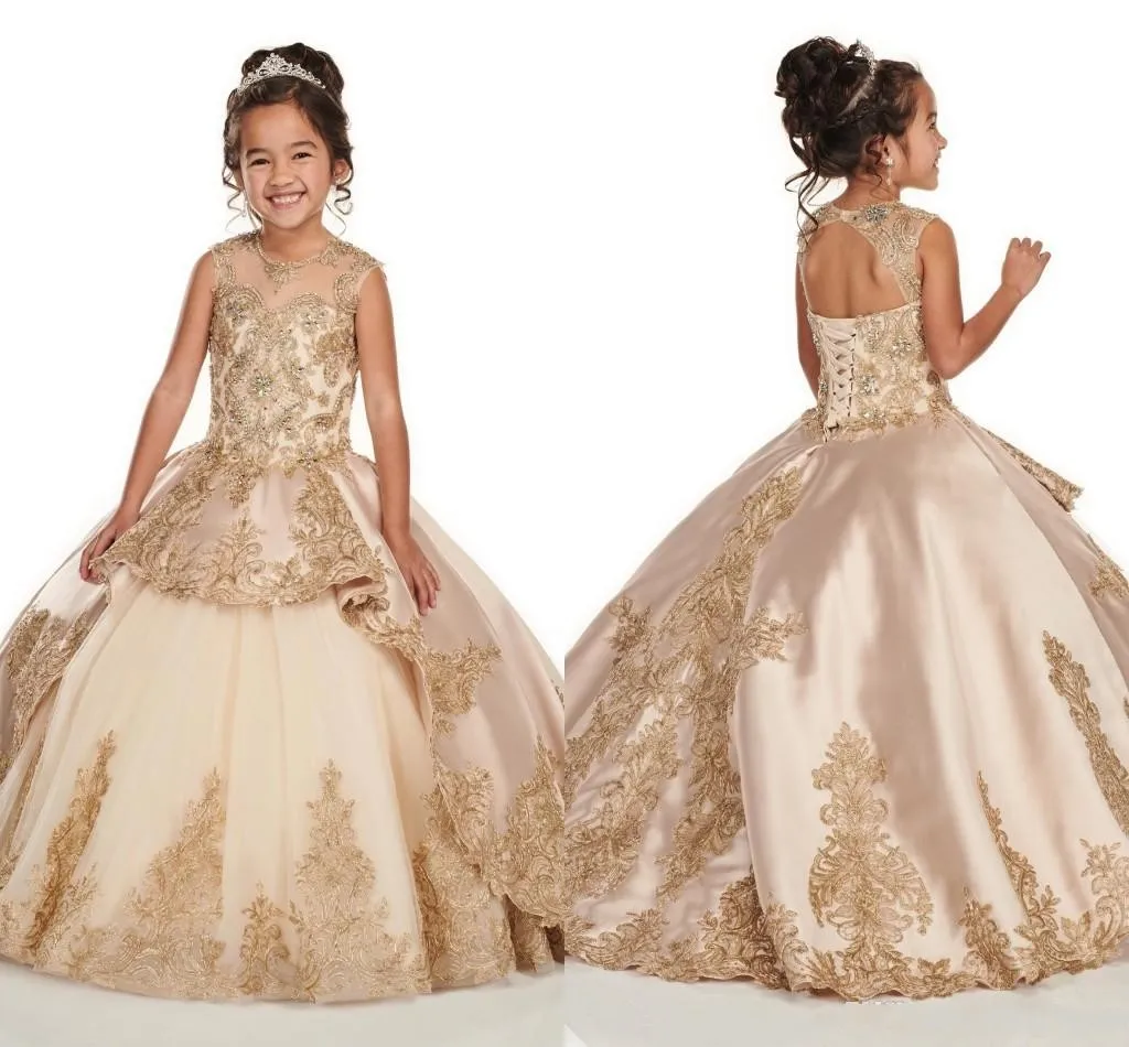 Apliques florales en 3D Encaje Champán Vestidos para niñas 2020 Cap manga Joya con cuentas Cristal Dos capas Primera comunión Vestidos para niñas de flores