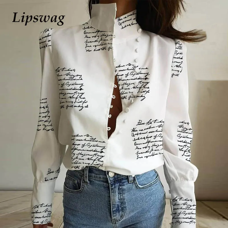 Kantoor Dame Stand Hals Knoopt Blouse Shirt Dames Letter Print Puff Long Sleeve Blouses Elegante Casual Button Blusa Tops