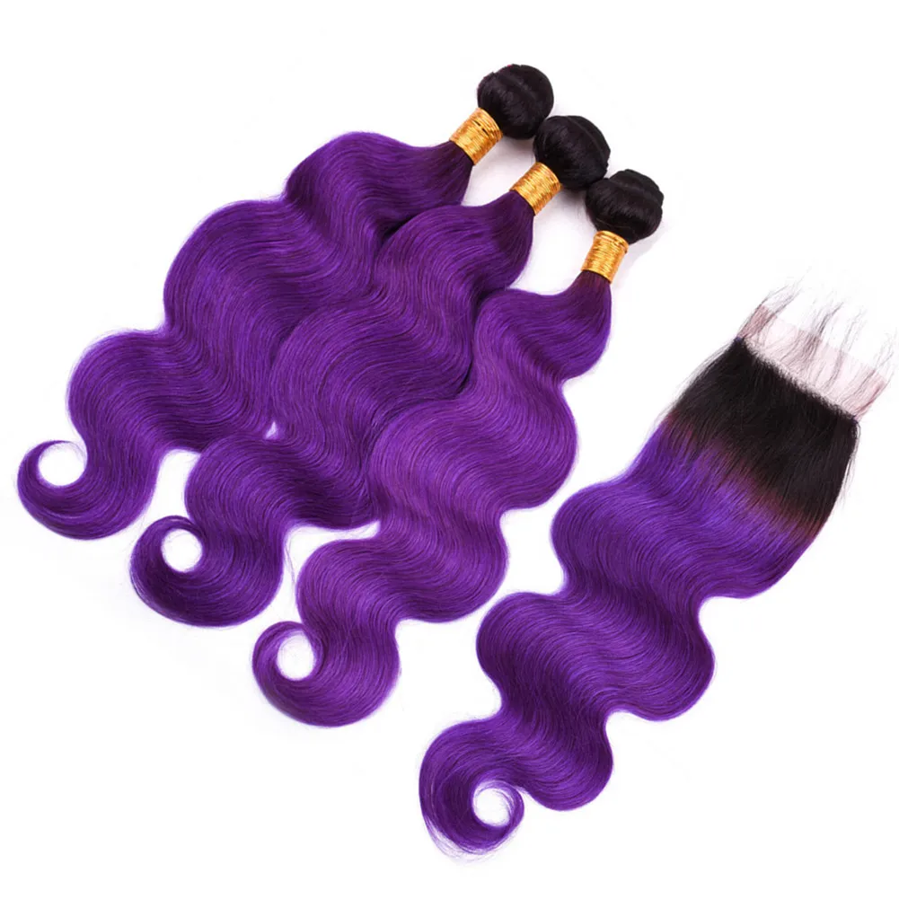 # 1B / фиолетовый Ombre Пучки волос с Closure Объемная волна Ombre Фиолетовый бразильском человека 3Bundles волос с Closure Ombre Lace Closure 4x4