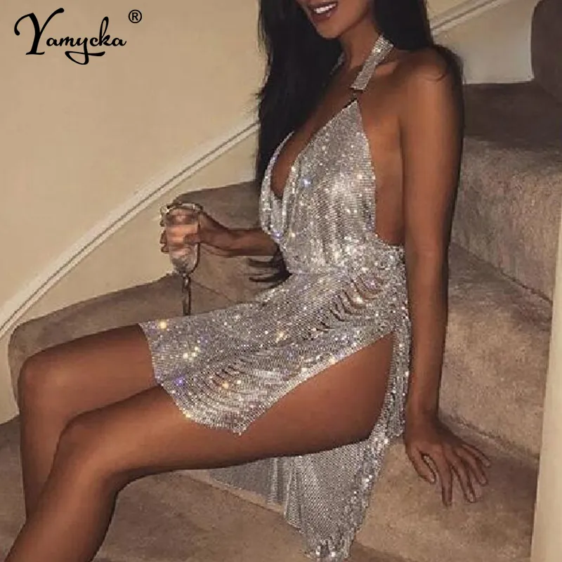 Sexy Bling Metal Body Chain Rhinestone Summer Dress Dames Luxe Party Glitter Night Club Backless Diamond Mini Jurken Vestidos