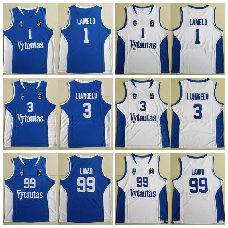 Fans Tops Tees Lituanie Prienu Vytautas Maillot de basket-ball 1 LaMelo Ball 3 LiAngelo Ball Uniforme 99 LaVar Ball Hommes chemises Team Bleu Blanc Cousu Top Qual J240309