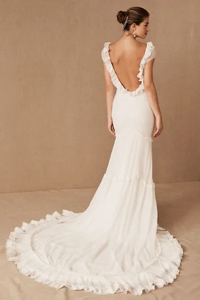 Custom-Made Bhldn Backless Fishtail Wedding Dress with V-Neck, Ruffles, and Sweep Train - Plus Size