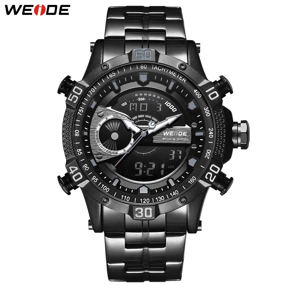 WEIDE Mens Militaire Chronograaf Alarm Automatische Datum Klok zwart metalen behuizing riem armband Sport Model Relogio Watches332o
