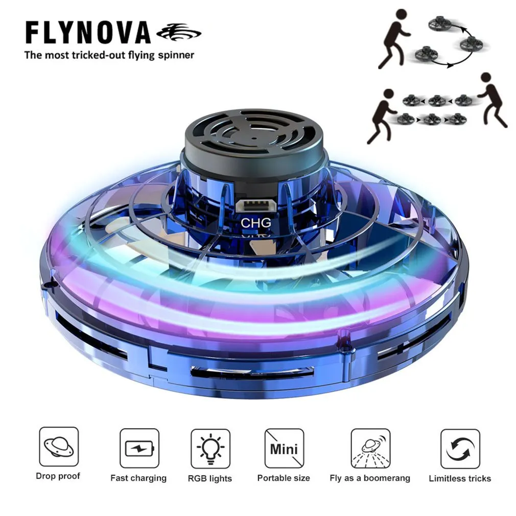 Flying Toy med 360 ° Roterande och Shinning LED Lights Antistress Flying Gyro Rotator Drone Finger Spinner Route Rotary Mini Drone Barngåva